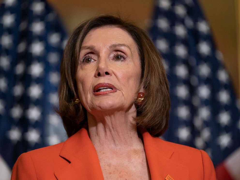 PHOTO: Speaker of the House Nancy Pelosi speaks briefly with reporters at a bipartisan bill signing ceremony at the Capitol in Washington on June 21, 2019.