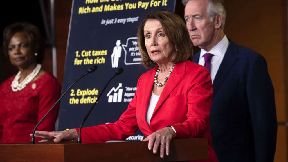 House Minority Leader Nancy Pelosi asserts that the debt created by the Republican tax cut enacted six months ago was a step toward compromising Social Security and Medicare, during a news conference on Capitol Hill, in Washington, June 20, 2018.
