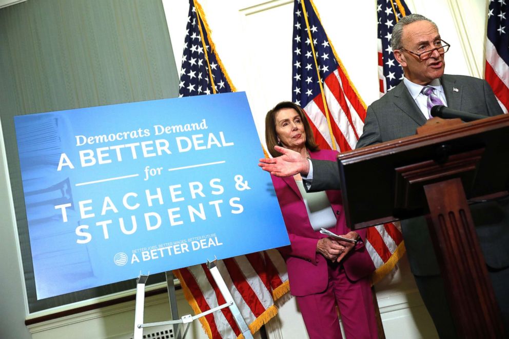 PHOTO: Senate Minority Leader Chuck Schumer, accompanied by House Minority Leader Nancy Pelosi, speaks at a news conference at the U.S. Capitol on May 22, 2018, in Washington, D.C.