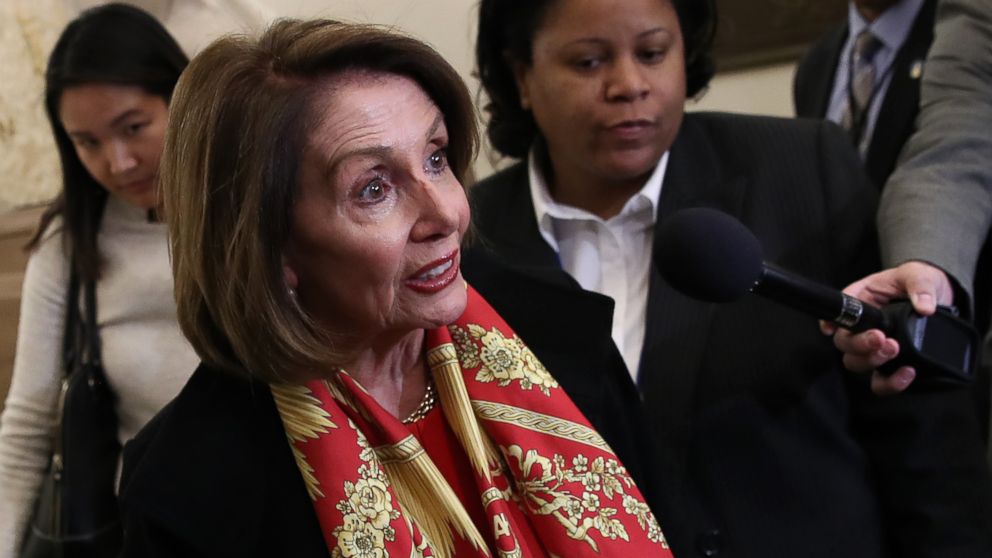 PHOTO: Speaker of the House Nancy Pelosi talks to members of the press about President Donald Trump and the State of the Union speech while she returns to the U.S. Capitol on Jan. 23, 2019 in Washington.