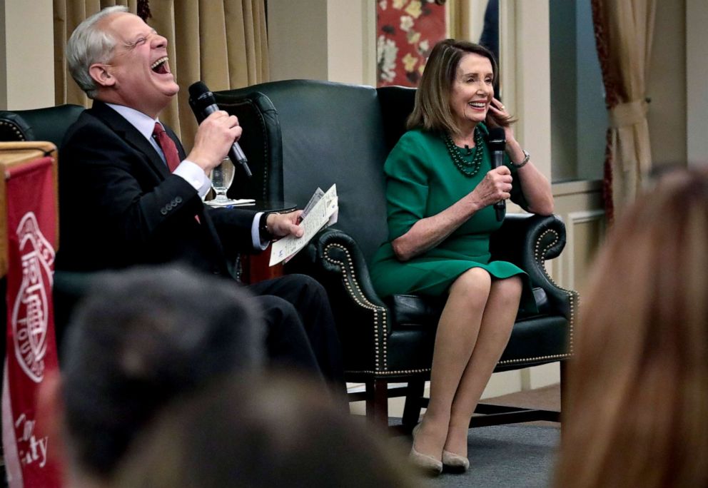 PHOTO: Speaker of the House Nancy Pelosi and former Congressman Steve Israel laugh before the speaker's address to a bi-partisan group at the institute, May 7, 2019, in New York.