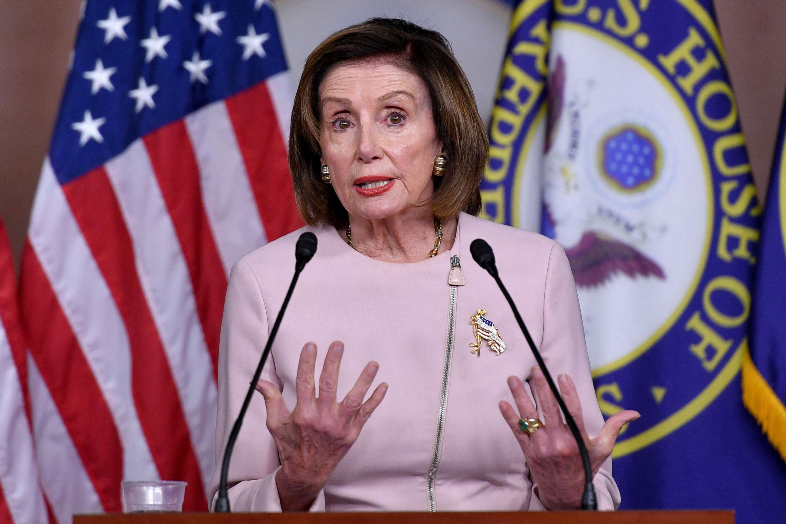 PHOTO: Speaker of the House, Nancy Pelosi speaks during her weekly press briefing on Capitol Hill in Washington, DC.