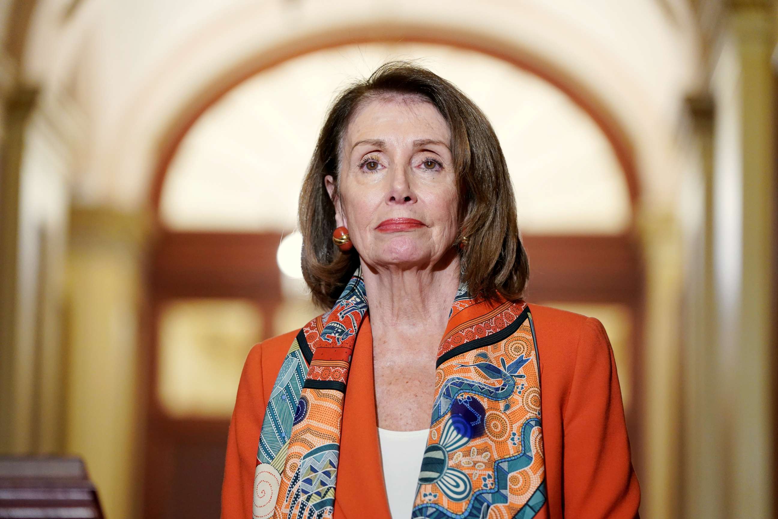 PHOTO: Speaker of the House Nancy Pelosi stands during a meeting with European Parliament President Antonio Tajani on Capitol Hill in Washington, Feb. 27, 2019.