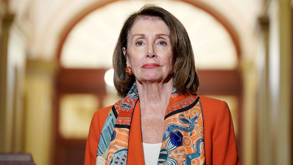 PHOTO: Speaker of the House Nancy Pelosi stands during a meeting with European Parliament President Antonio Tajani on Capitol Hill in Washington, Feb. 27, 2019.