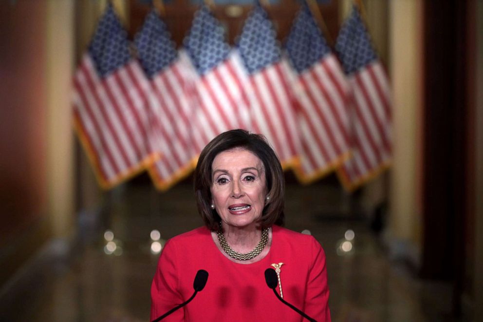 PHOTO: Speaker of the House Rep. Nancy Pelosi delivers a statement at the hallway of the Speakers Balcony at the U.S. Capitol, March 23, 2020, in Washington, DC.