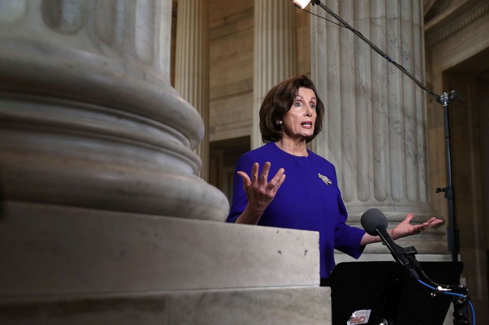PHOTO: Speaker of the House Nancy Pelosi is interviewed about the government response to the ongoing global coronavirus pandemic in the rotunda of the Russell Senate Office Building on Capitol Hill, April 1, 2020 in Washington.