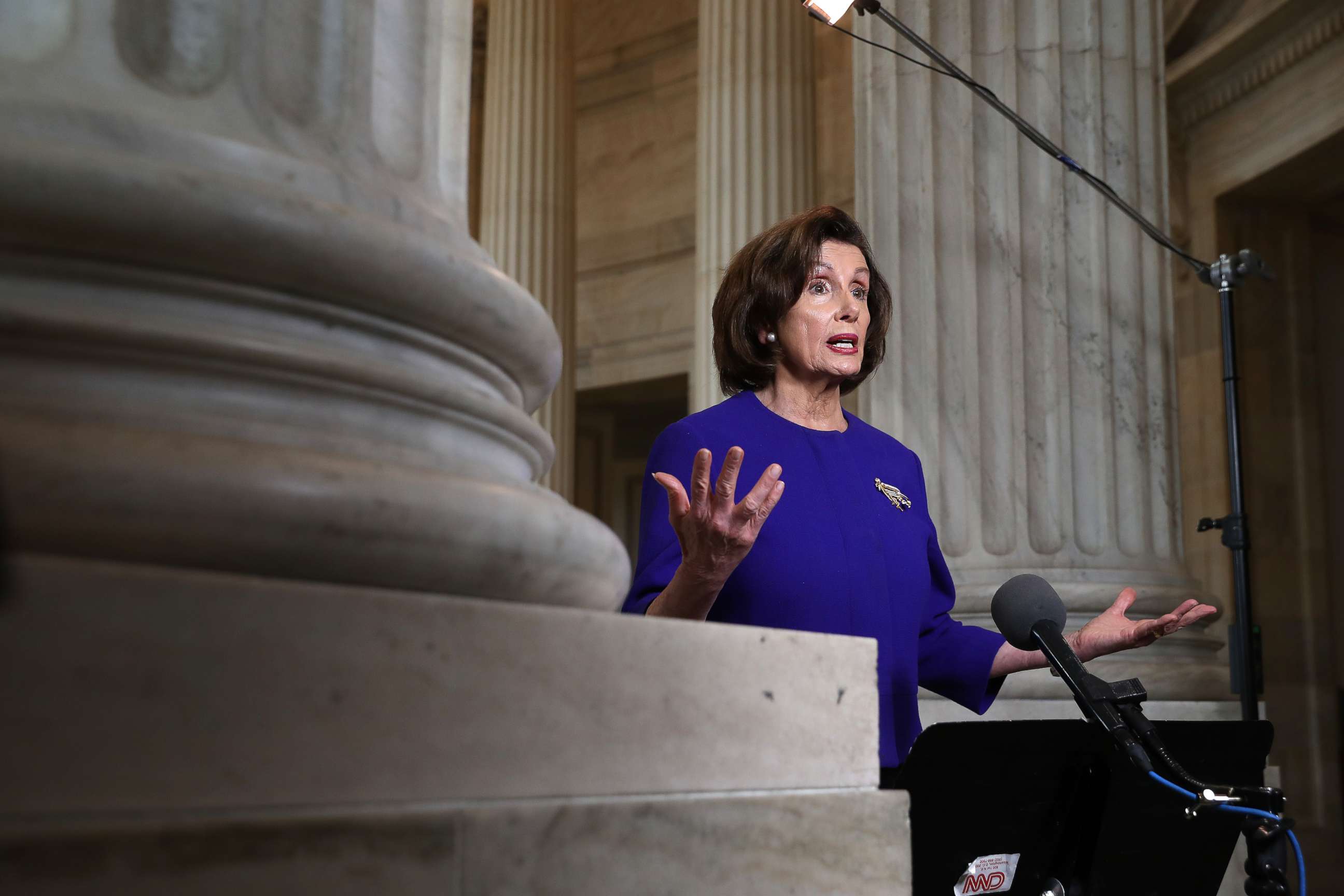 PHOTO: Speaker of the House Nancy Pelosi is interviewed about the government response to the ongoing global coronavirus pandemic in the rotunda of the Russell Senate Office Building on Capitol Hill, April 1, 2020, in Washington.