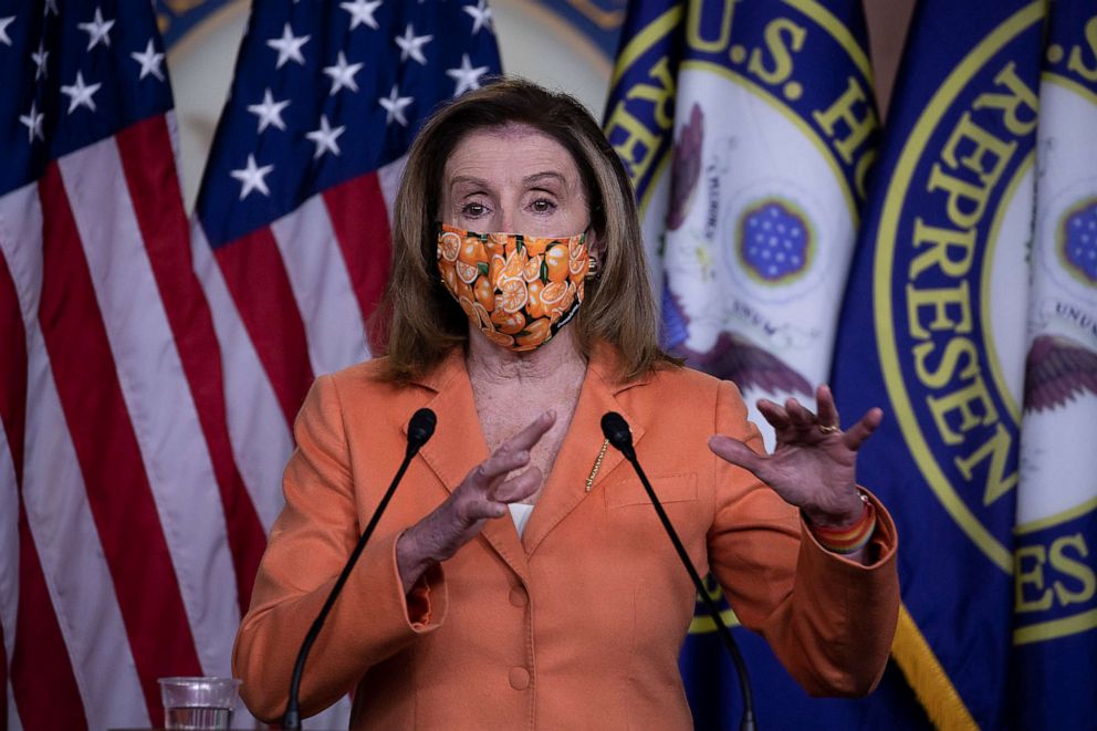 PHOTO: Speaker of the House Rep. Nancy Pelosi gestures during the Weekly News Conference on Capitol Hill, Oct. 8, 2020 in Washington, DC.