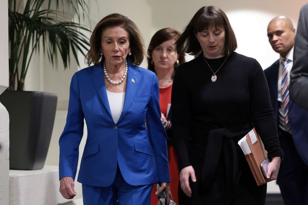 PHOTO: Speaker of the House Nancy Pelosi leaves a Democratic caucus meeting at the U.S. Capitol, March 8, 2022, in Washington, DC.