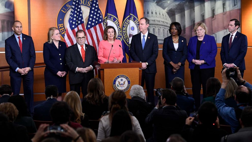 PHOTO: House Speaker Nancy Pelosi of Calif., speaks during a news conference to announce impeachment managers on Capitol Hill in Washington, Wednesday, Jan. 15, 2020.