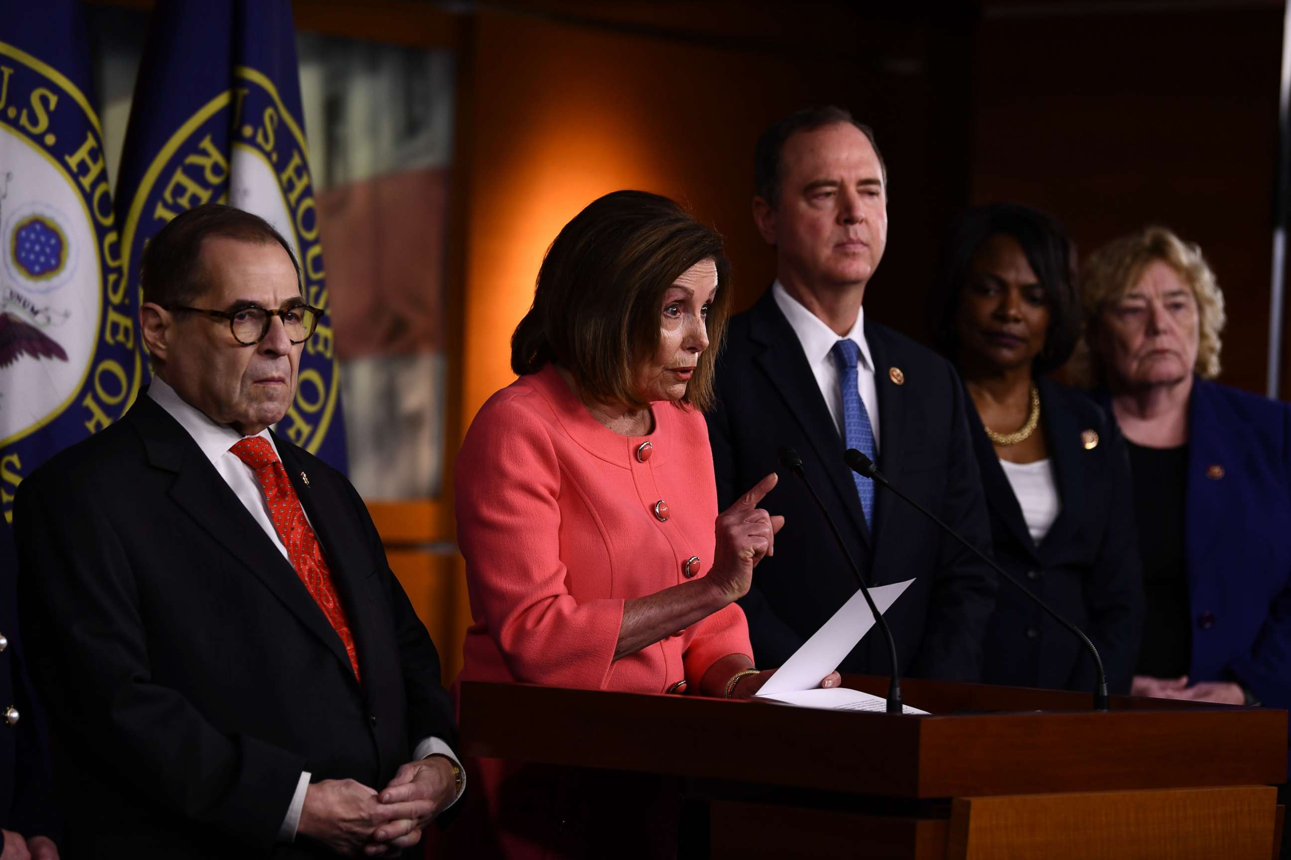 PHOTO: Speaker of the House Nancy Pelosi announces impeachment managers for the articles of impeachment against President Donald Trump on Capitol Hill, Jan. 15, 2020, in Washington.