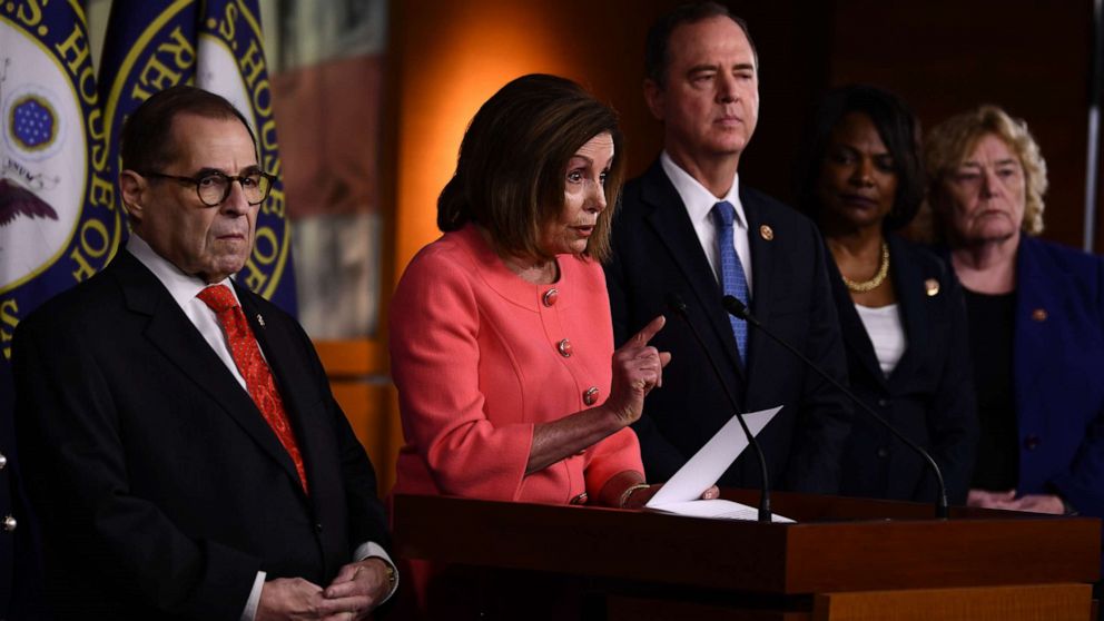 PHOTO: Speaker of the House Nancy Pelosi announces impeachment managers for the articles of impeachment against President Donald Trump on Capitol Hill, Jan. 15, 2020, in Washington.