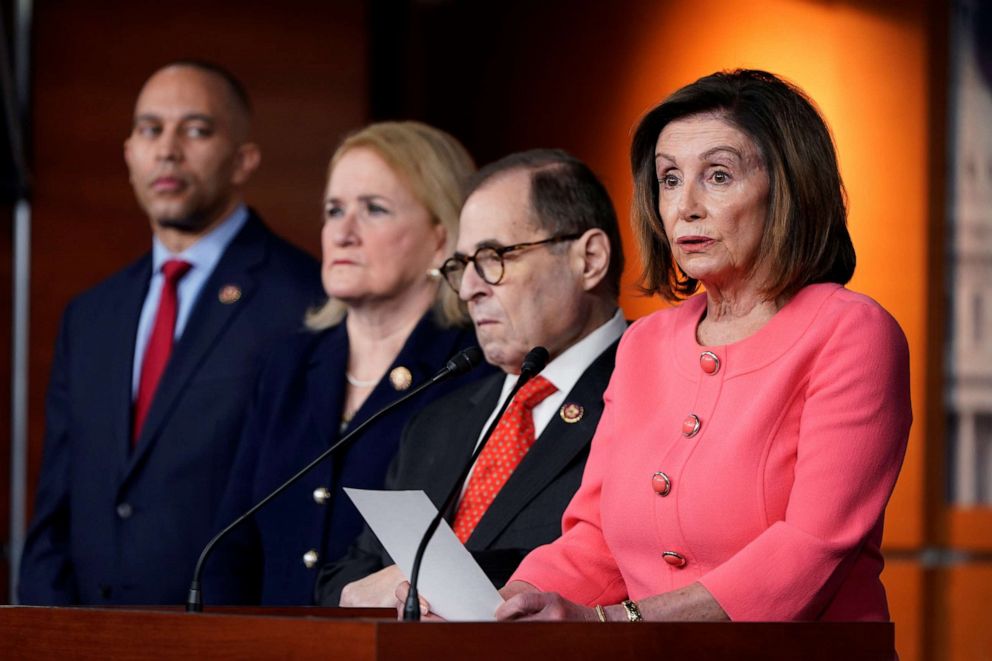 PHOTO: House Speaker Nancy Pelosi announces the House of Representatives managers for the Senate impeachment trial of President Donald Trump during a news conference at the U.S. Capitol in Washington, Jan. 15, 2020.