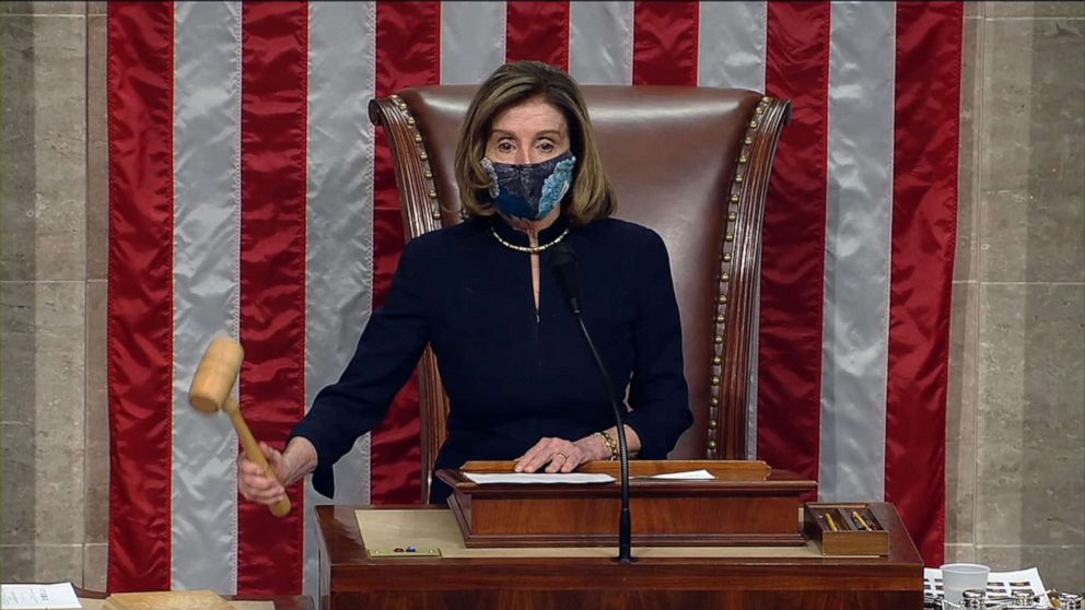 PHOTO: Speaker of the House Nancy Pelosi drops the gavel after the House of Representatives voted to impeach President Donald Trump for a second time, in the U.S. Capitol, Jan. 13, 2021.