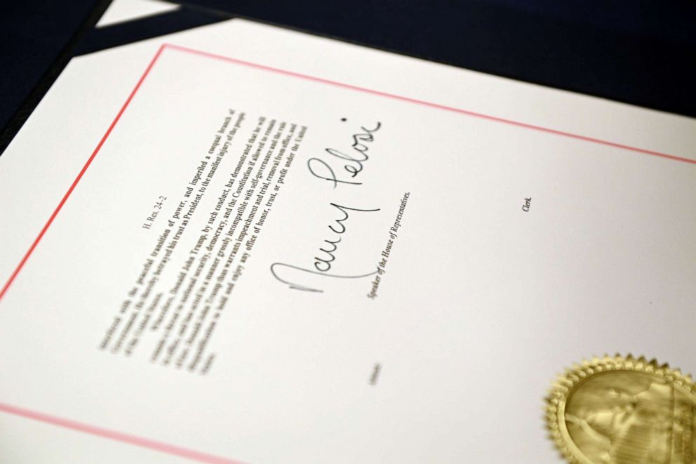 PHOTO: The signature of Speaker of the House Nancy Pelosi is seen on the article of impeachment during an engrossment ceremony after the House of Representatives voted to impeach President Trump, at the U.S. Capitol in Washington, Jan. 13, 2021.