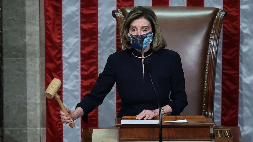PHOTO: Speaker of the House Nancy Pelosi raps her gavel after the House voted to impeach President Donald Trump for the second time in little over a year in the House Chamber of the U.S. Capitol, Jan. 13, 2021, in Washington, DC.
