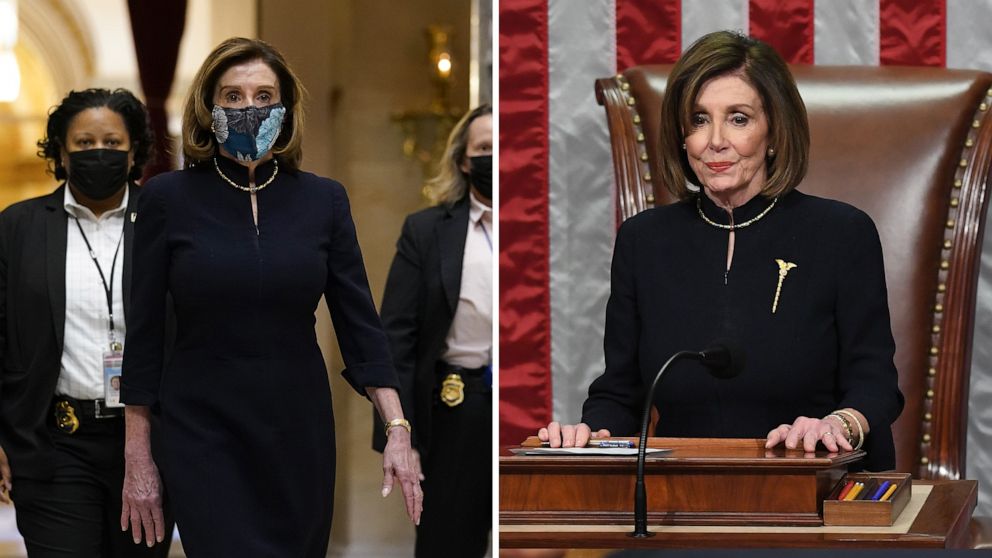 PHOTO: Speaker of the House Nancy Pelosi walks through the U.S. Capitol on Jan. 13, 2021, and presides over the impeachment of President Donald Trump on Dec. 18, 2019.