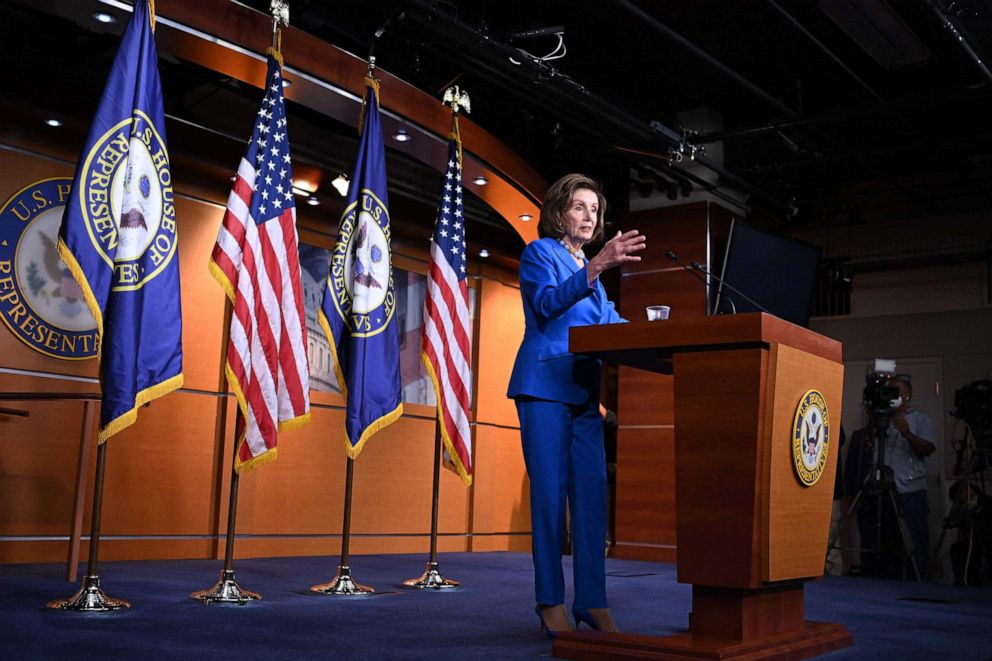 PHOTO: Speaker of the House Nancy Pelosi speaks during her weekly press briefing on Capitol Hill in Washington, DC, Oct. 12, 2021.