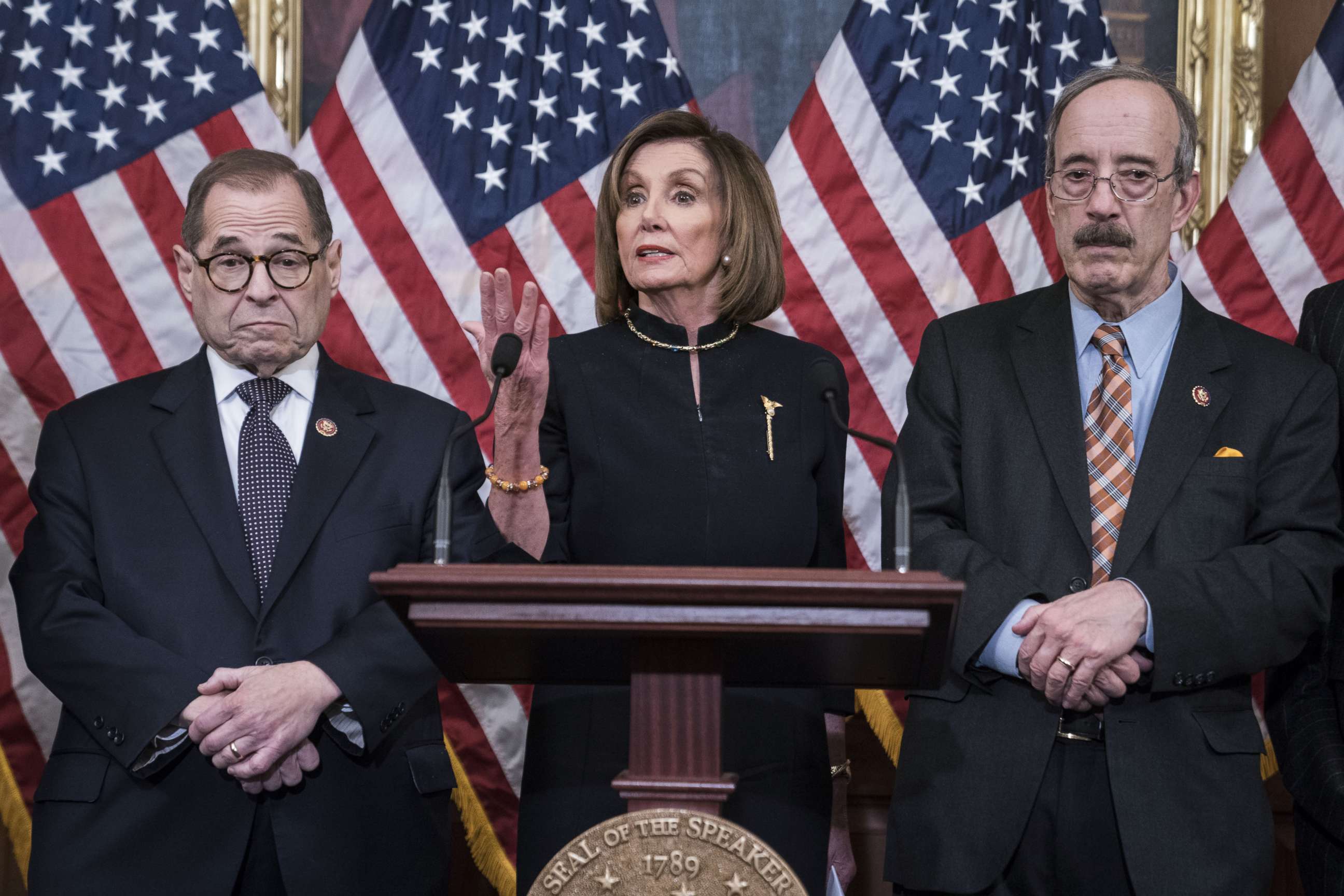 PHOTO: Speaker of the House Nancy Pelosi delivers remarks alongside Jerry Nadler, D-N.Y., and Eliot Engel, D-N.Y., following the House of Representatives vote to impeach President Donald Trump on Dec. 18, 2019 in Washington, D.C.