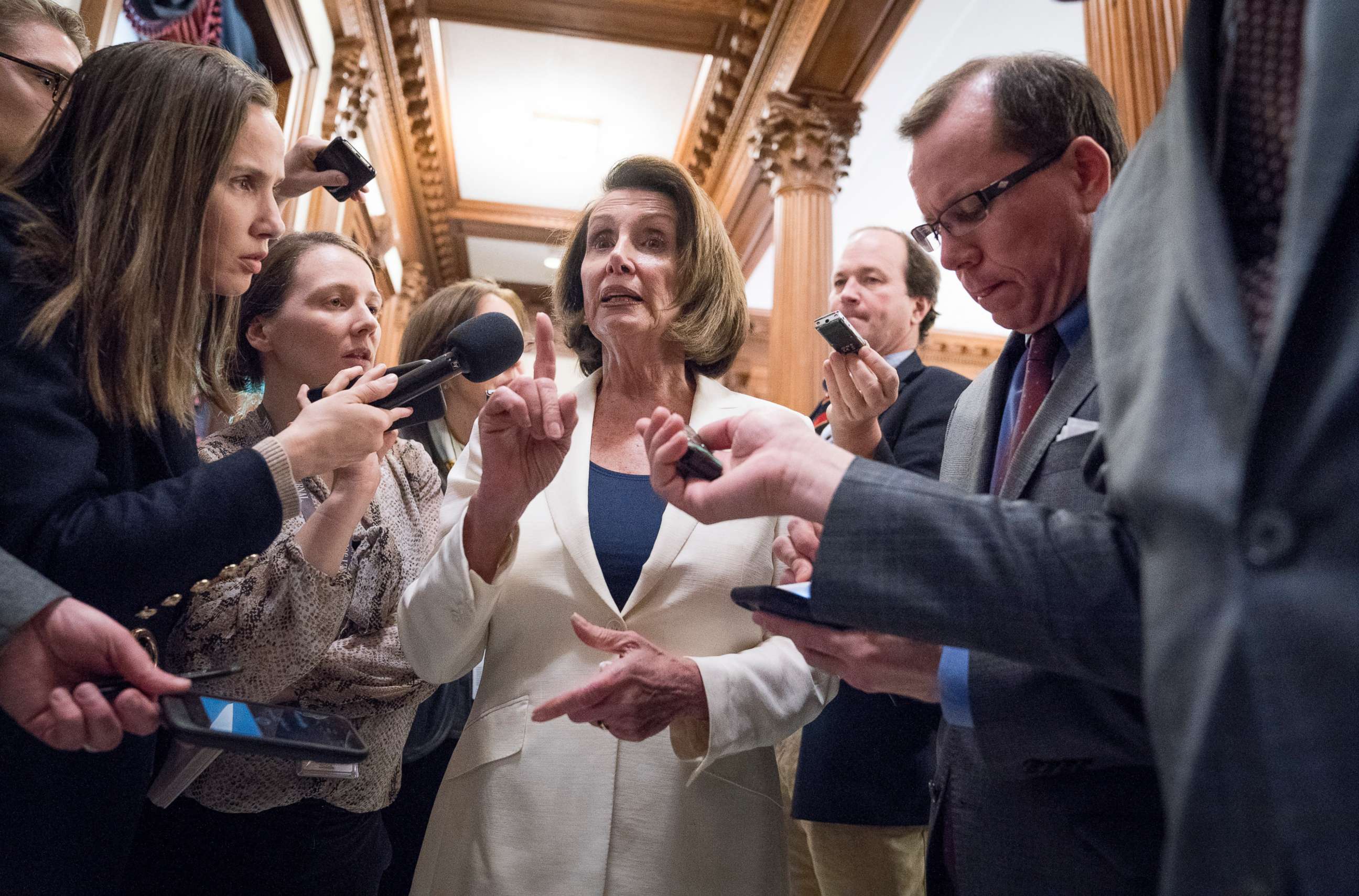 PHOTO: House Minority Leader Nancy Pelosi (D-Calif.) leaves the House floor after her marathon speech on Capitol Hill in Washington, Feb. 7, 2018. 