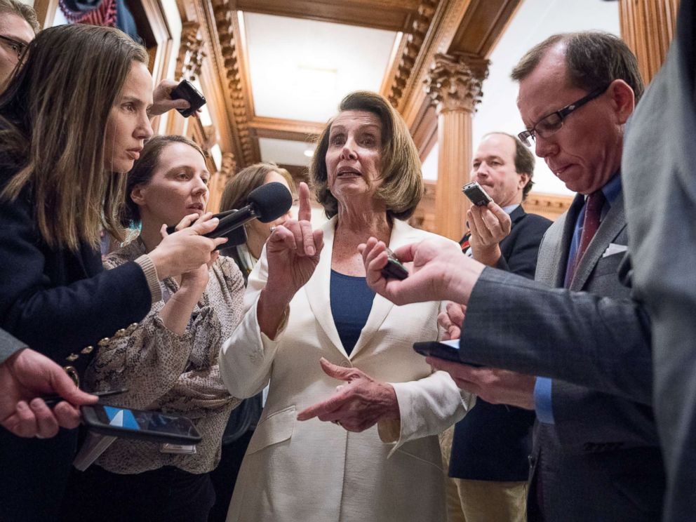 PHOTO: House Minority Leader Nancy Pelosi (D-Calif.) leaves the House floor after her marathon speech on Capitol Hill in Washington, Feb. 7, 2018.