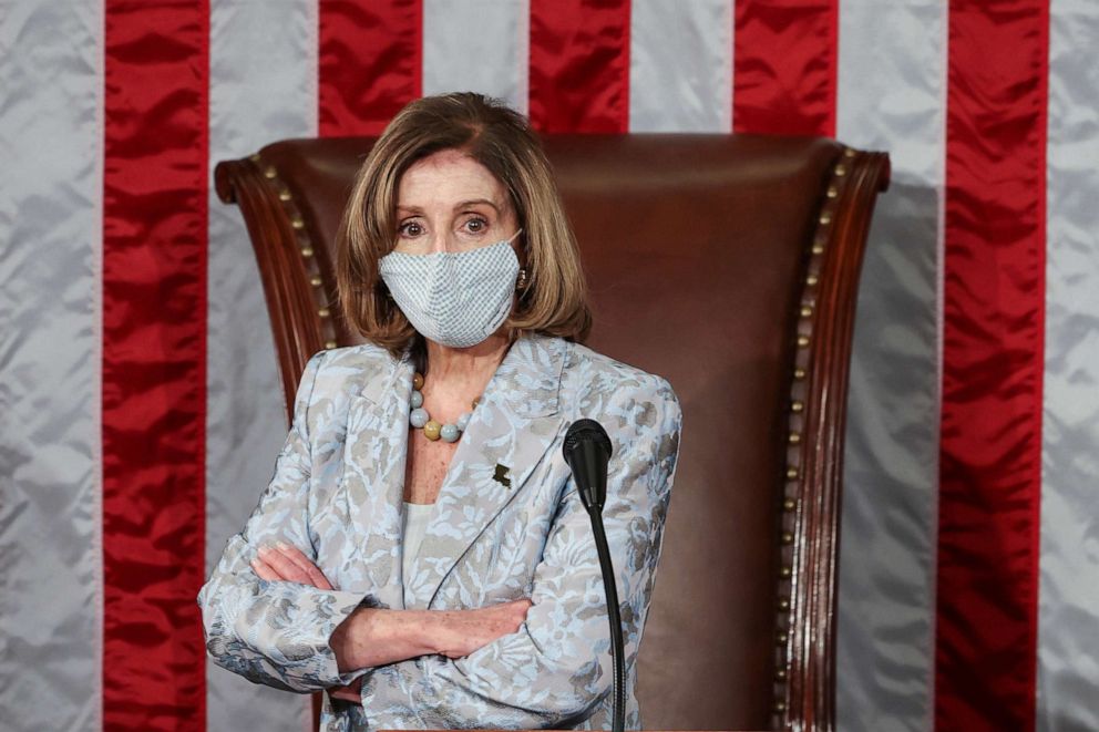 PHOTO: Speaker of the House Nancy Pelosi waits during votes in the first session of the 117th Congress in the House Chamber at the U.S. Capitol in Washington, DC, Jan. 3, 2021.