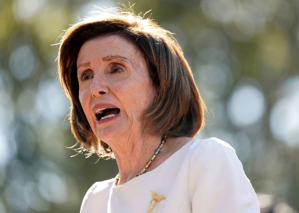 PHOTO: House Speaker Nancy Pelosi speaks at an event on climate change outside the U.S. Capitol in Washington, Oct. 20, 2021.