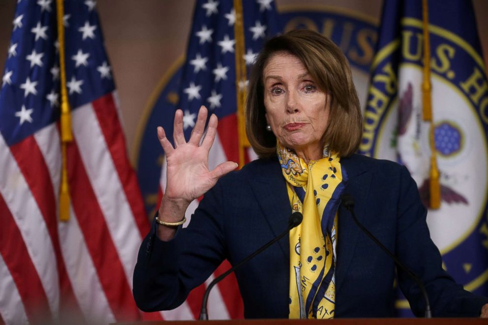 PHOTO: House Speaker Nancy Pelosi addresses Capitol Hill reporters during her weekly news conference in Washington, Jan. 24, 2019.