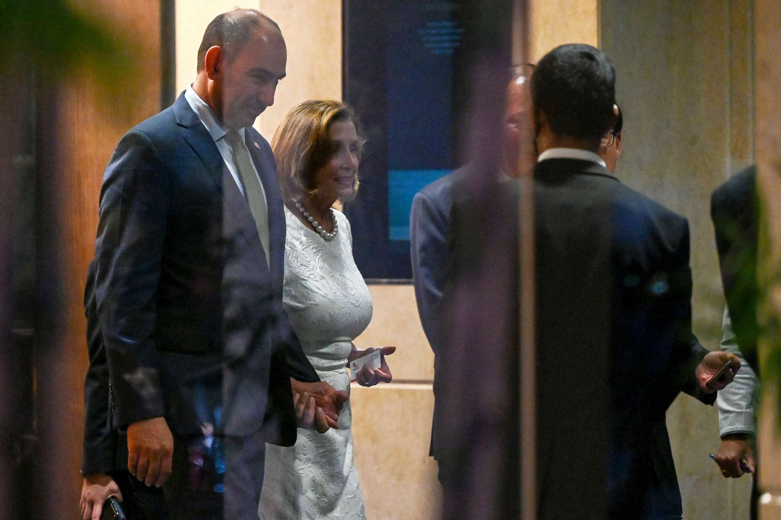 PHOTO: Speaker of the US House of Representatives Nancy Pelosi leaves the Shangri-La Hotel after a reception organised by the American Chamber of Commerce in Singapore, Aug. 1, 2022. 