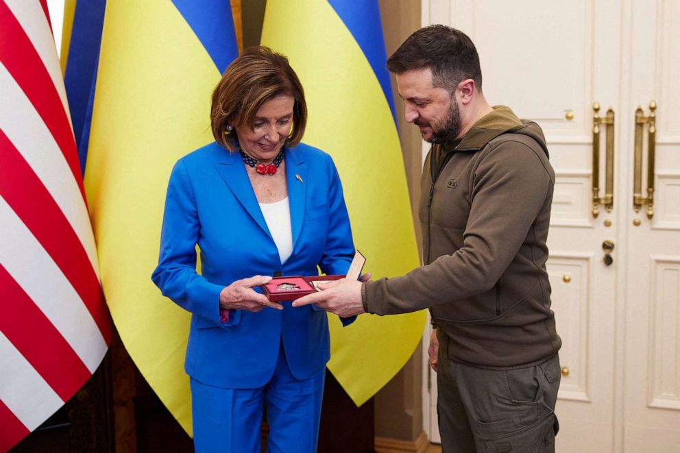 PHOTO: TOPSHOT - A handout photo released by the Ukrainian Presidential Press Service on May 1, 2022, shows President of Ukraine Volodymyr Zelenskyy meeting US Speaker of the House of Representatives Nancy Pelosi during their meeting in Kyiv.
