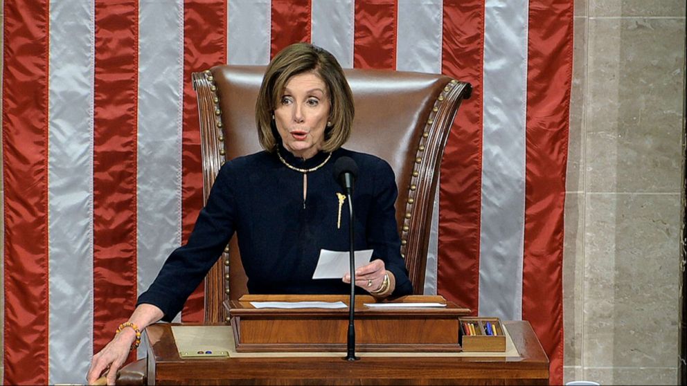 PHOTO: House Speaker Nancy Pelosi of Calif., announces the passage of the first article of impeachment, abuse of power, against President Donald Trump by the House of Representatives at the Capitol in Washington, Dec. 18, 2019.