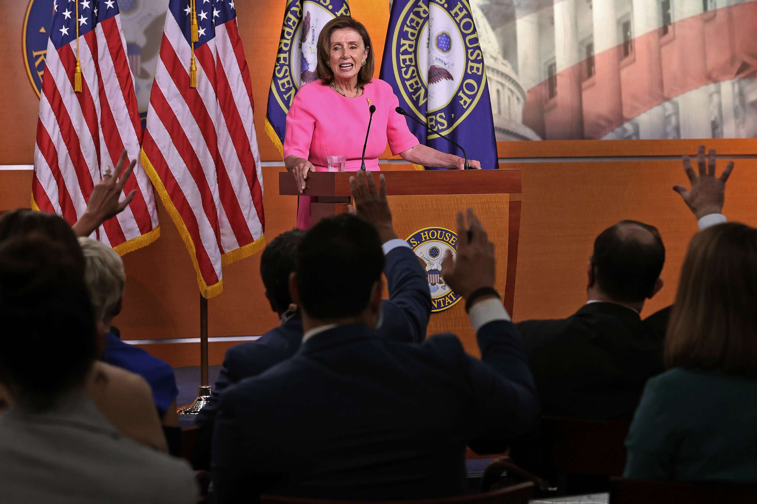 PHOTO: Speaker of the House Nancy Pelosi holds a news conference at the U.S. Capitol on Sept. 23, 2021 in Washington, D.C. Pelosi, Charles Schumer and other Democrats met with President Biden to hammer out a deal on infrastructure and budget legislation. 