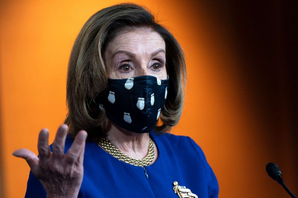 House Speaker Nancy Pelosi speaks to journalists on April 15, 2021 during her weekly briefing on Capitol Hill in Washington.