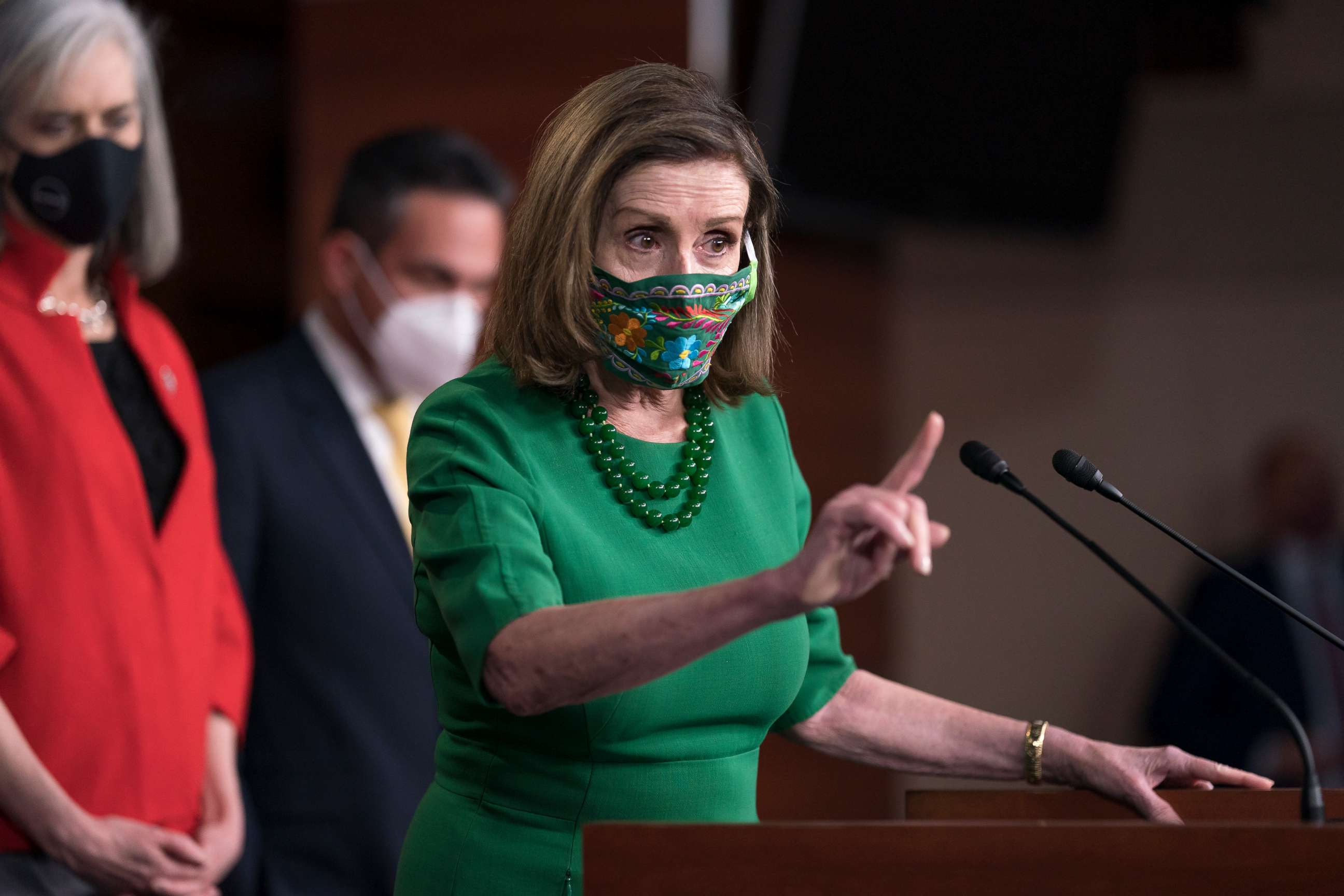 PHOTO: Speaker of the House Nancy Pelosi, D-Calif., meets with reporters before the House votes to pass a $1.9 trillion pandemic relief package, during a news conference at the Capitol in Washington, Friday, Feb. 26, 2021.
