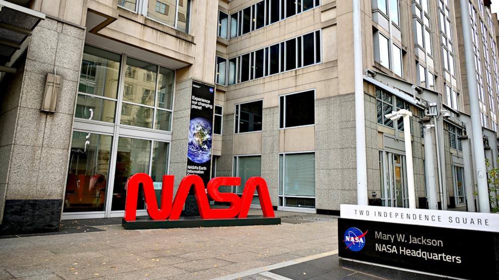 PHOTO: In this Nov. 20, 2023, file photo, the lNASA ogo is shown in front of the Mary W. Jackson NASA Headquarters building in Washington, D.C.