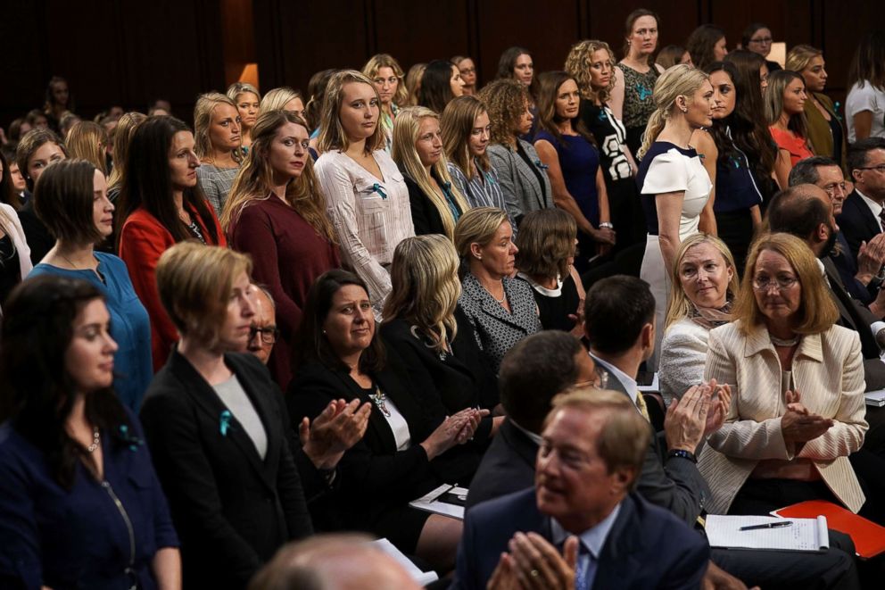 PHOTO: Sexual abuse survivors from the Larry Nassar sexual abuse case stand up as they are acknowledged during a hearing before a Senate subcommittee, July 24, 2018 in Washington.