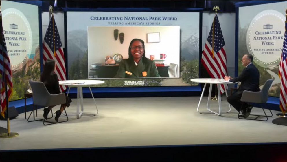 PHOTO: U.S. Interior Secretary Deb Haaland and second gentleman Douglas Emhoff speak to the National Park Service's Chief Historian Turkiya Lowe for National Park Week in an image made from video on April 23, 2021.