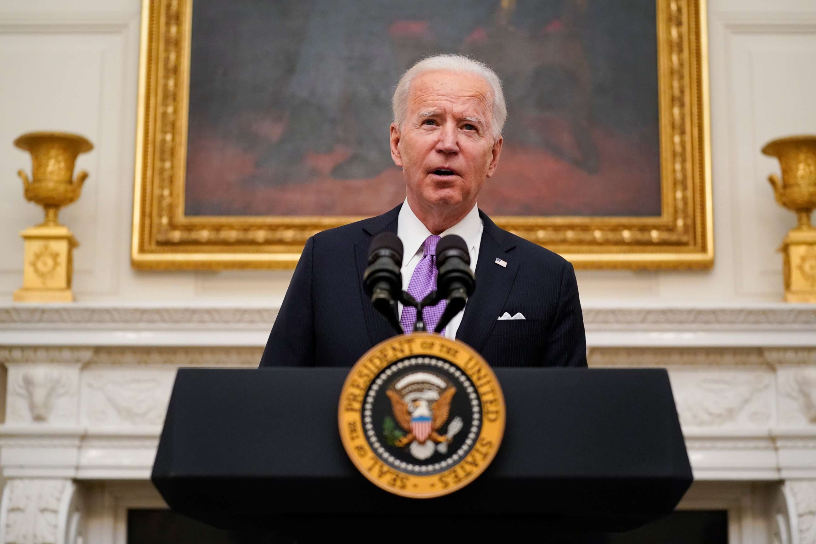 PHOTO: President Joe Biden speaks about his plan to combat the coronavirus pandemic in the State Dinning Room of the White House, Jan. 21, 2021, in Washington.