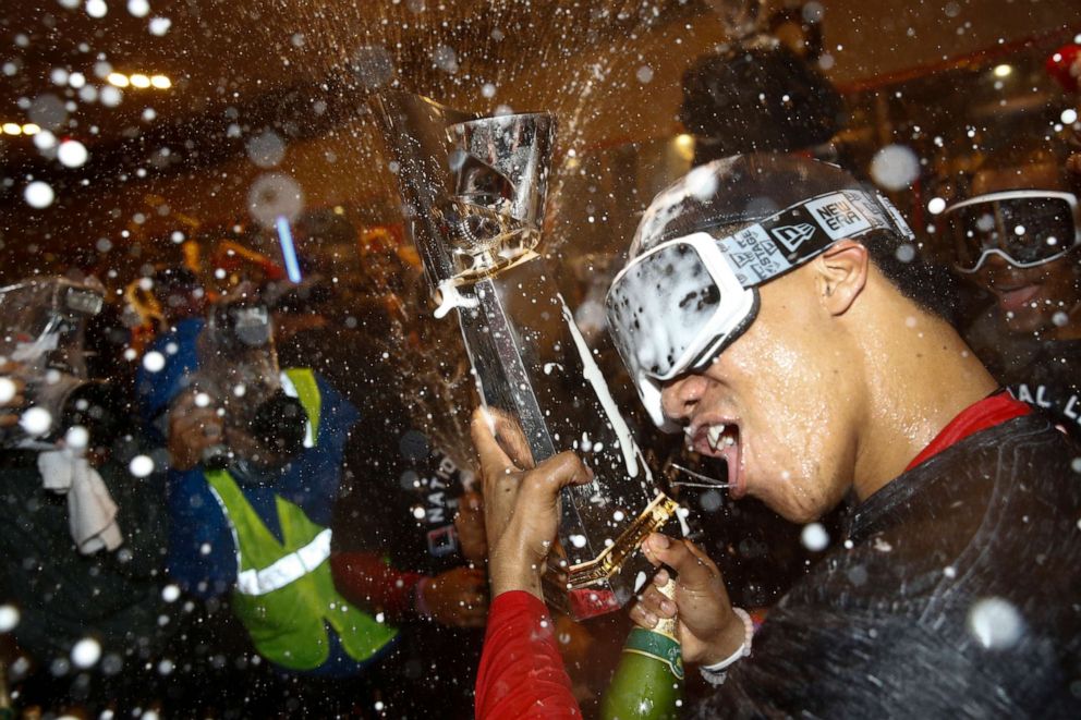 World Politics PHOTO: Washington Nationals Juan Soto celebrates after game 4 of the baseball National League Championship Series against the St. Louis Cardinals, Oct. 16, 2019, in Washington.