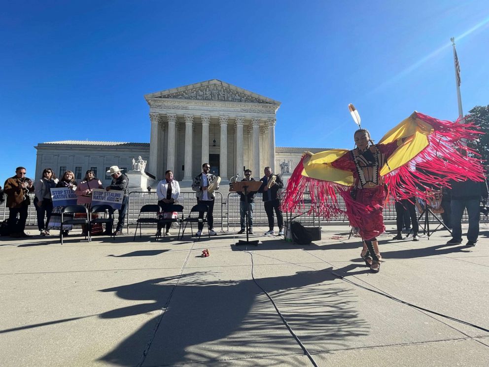 PHOTO: Native American leaders demonstrate in front of the U.S. Supreme Court on Nov. 9, 2022, as the justices heard oral arguments over the landmark Indian Child Welfare Act of 1978.
