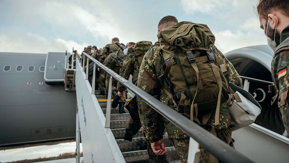 PHOTO: Soldiers from the NATO enhanced Forward Presence Battlegroup depart for Lithuania, Jan. 29, 2022.