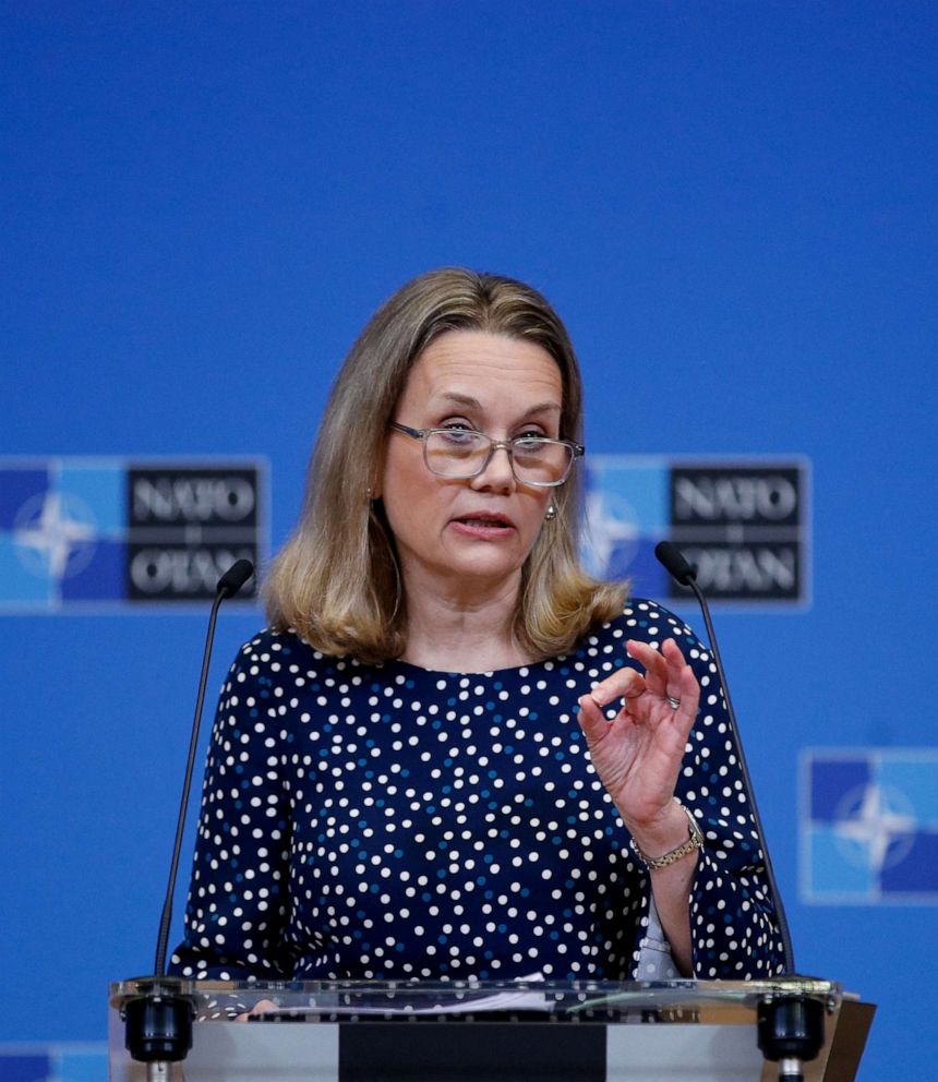 PHOTO: U.S. Ambassador to NATO Julianne Smith gestures during a press briefing ahead of a two-day meeting of the military alliance''s Ministers of Defense at the NATO headquarters in Brussels, Belgium, on Feb. 15, 2022.