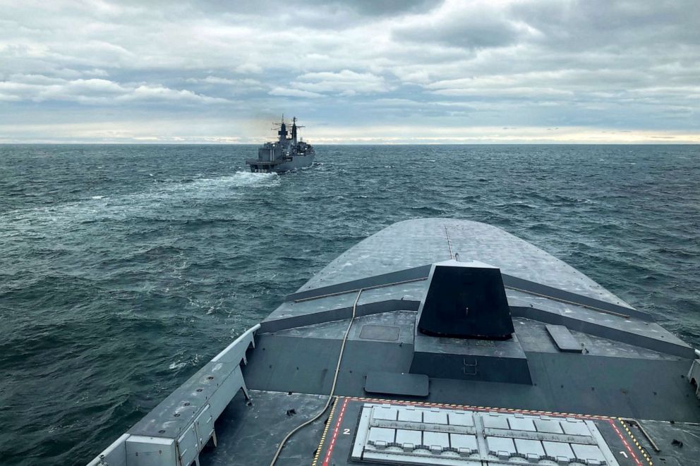PHOTO: This photograph taken on Dec. 19, 2021, from the deck of the frigate Auvergne shows the Romanian frigate Regina Maria during an exercise with the Romanian and Italian army in the waters of the Black Sea off Constanta, Romania.