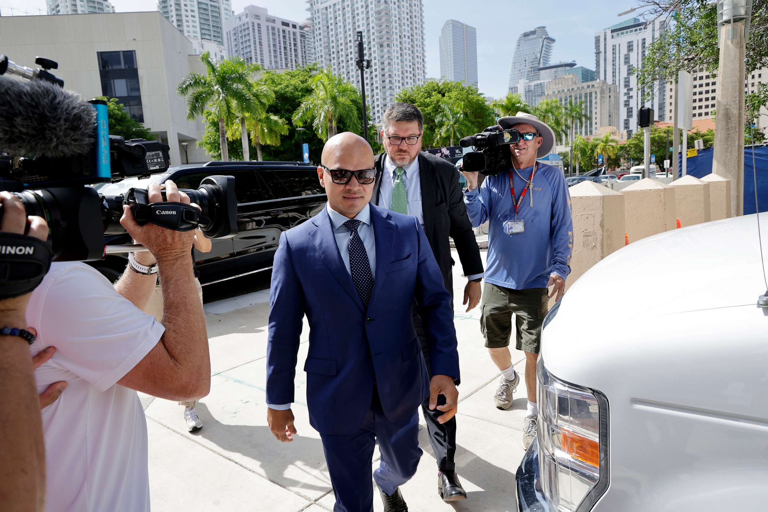 PHOTO: Walt Nauta, valet to former President Donald Trump and a co-defendant in federal charges filed against Trump, arrives with Lawyer, Stanley Woodward, at the James Lawrence King Federal Justice Building, July 6, 2023 in Miami.