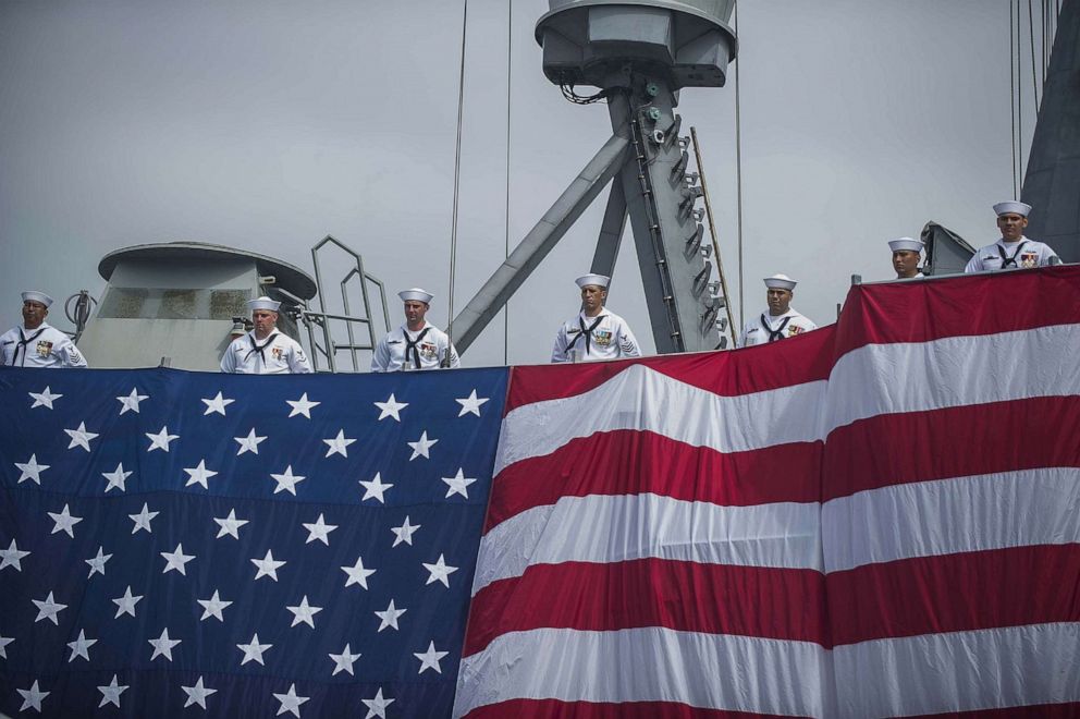 PHOTO: Sailors aboard the Oliver Hazard-Perry class guided-missile frigate USS Gary FFG 51 man the rails during the ship's decommissioning ceremony at Naval Base San Diego, Calif., 2015.