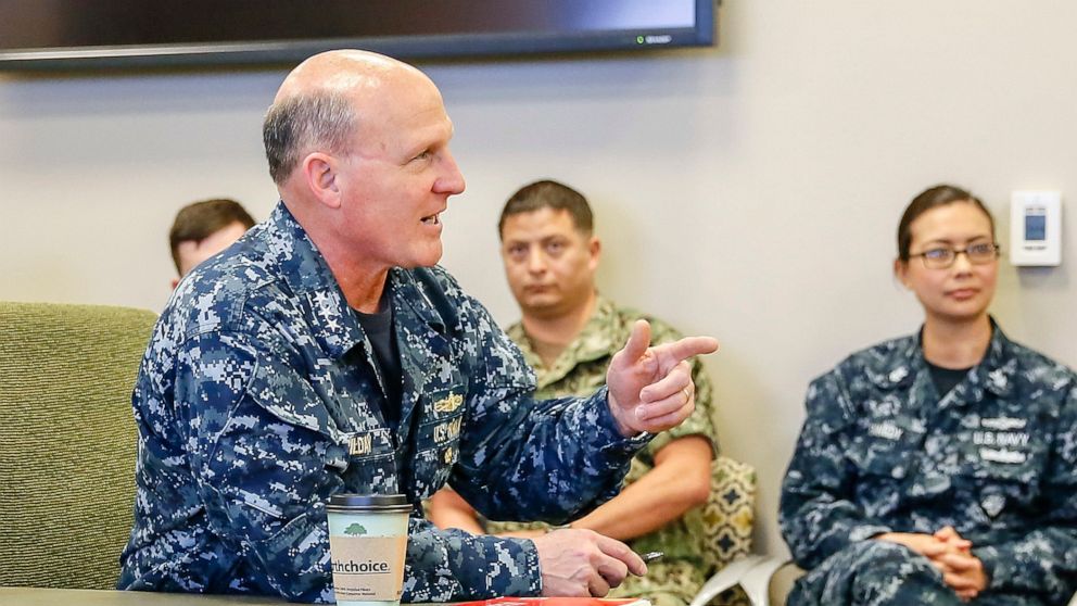 PHOTO: In this Mar. 13, 2017, file photo, Vice Adm. Mike Gilday, commander, U.S. Fleet Cyber Command/U.S. 10th Fleet speaks with Sailors assigned to Navy Information Operations Command (NIOC) Colorado/Task Force 1080.