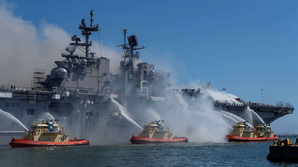 PHOTO: In this July 12, 2020, file photo, boats combat a fire on board the U.S. Navy amphibious assault ship USS Bonhomme Richard at Naval Base San Diego.