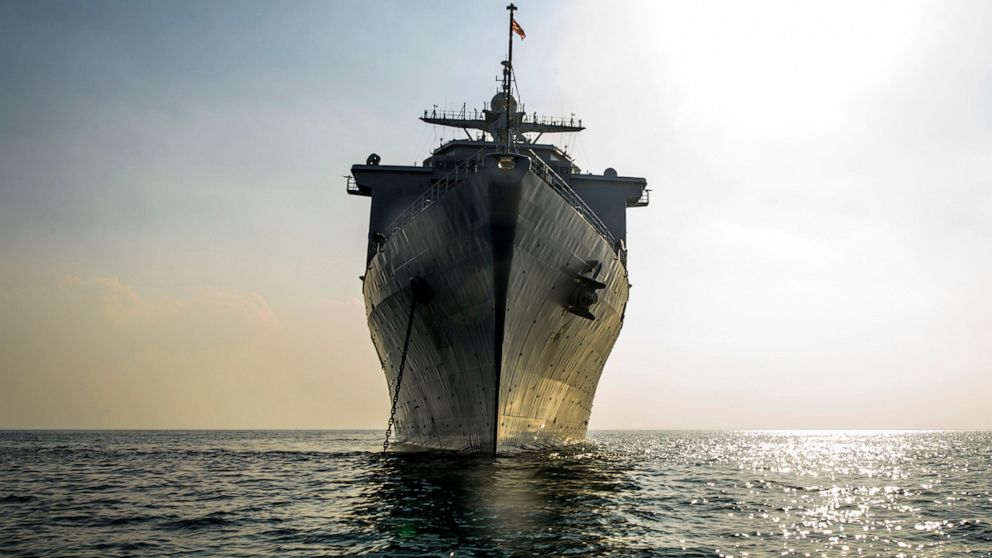 PHOTO: The amphibious dock landing ship USS Harpers Ferry anchors out to sea.