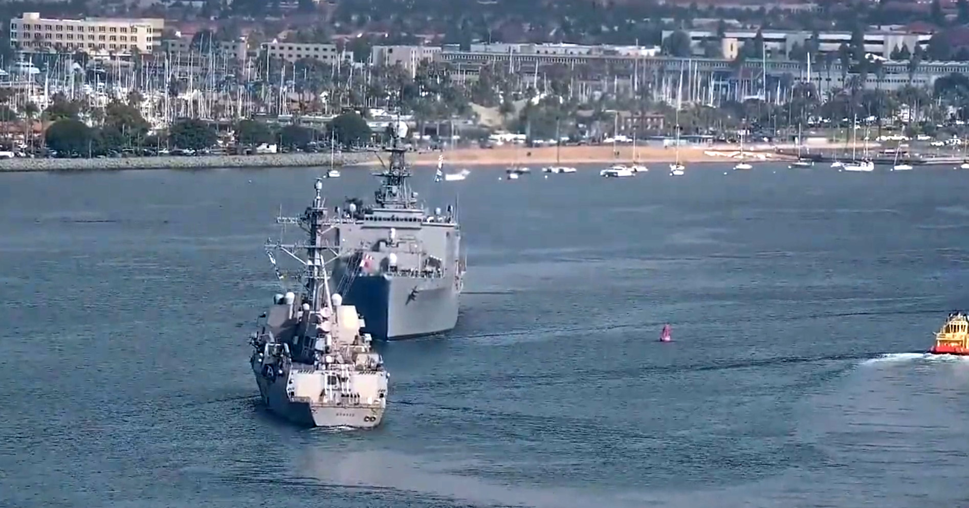 PHOTO: In this screen grab from a video, two U.S. Navy warships perform evasive maneuvers during a near miss in San Diego Bay on Nov. 29, 2022.