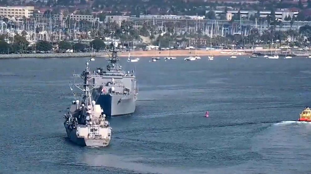 PHOTO: In this screen grab from a video, two U.S. Navy warships perform evasive maneuvers during a near miss in San Diego Bay on Nov. 29, 2022.